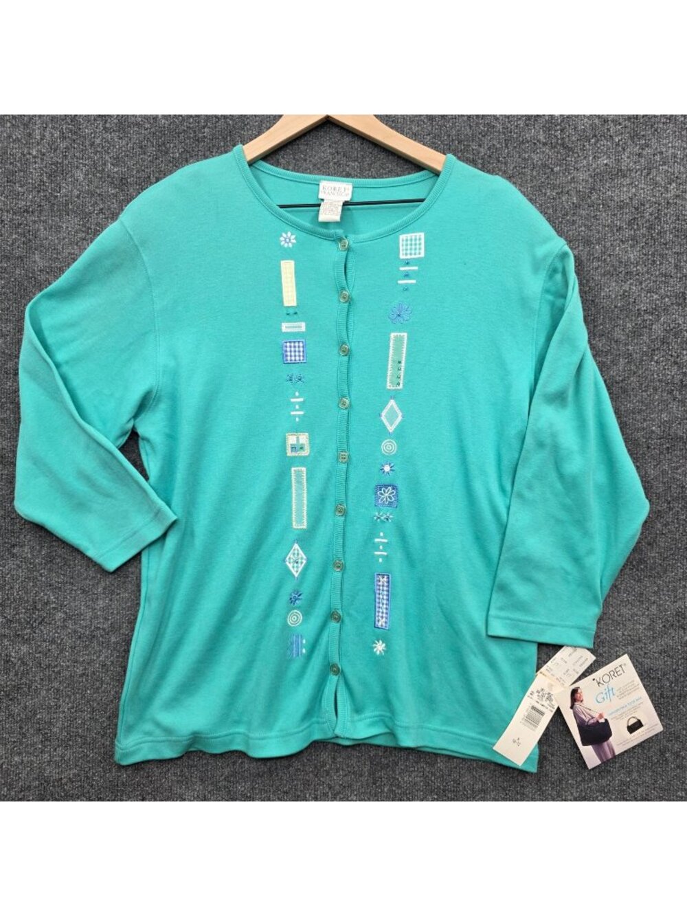 Vintage Y2K Koret Embroidered Cardigan M Sea Green Artsy Cottagecore Prairie